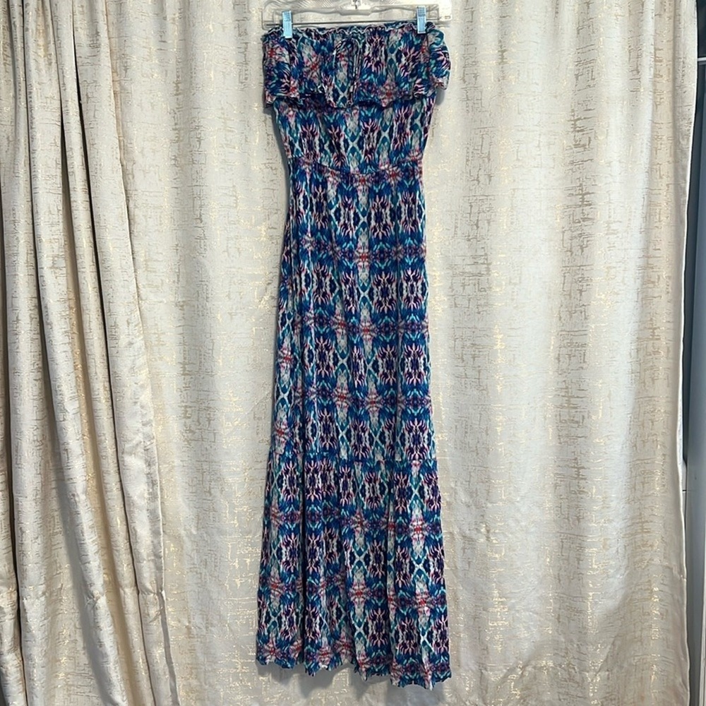 Socialite Maxi Dress Women XS Blue Pink Strapless Ikat Smocked Waist Summer Airy